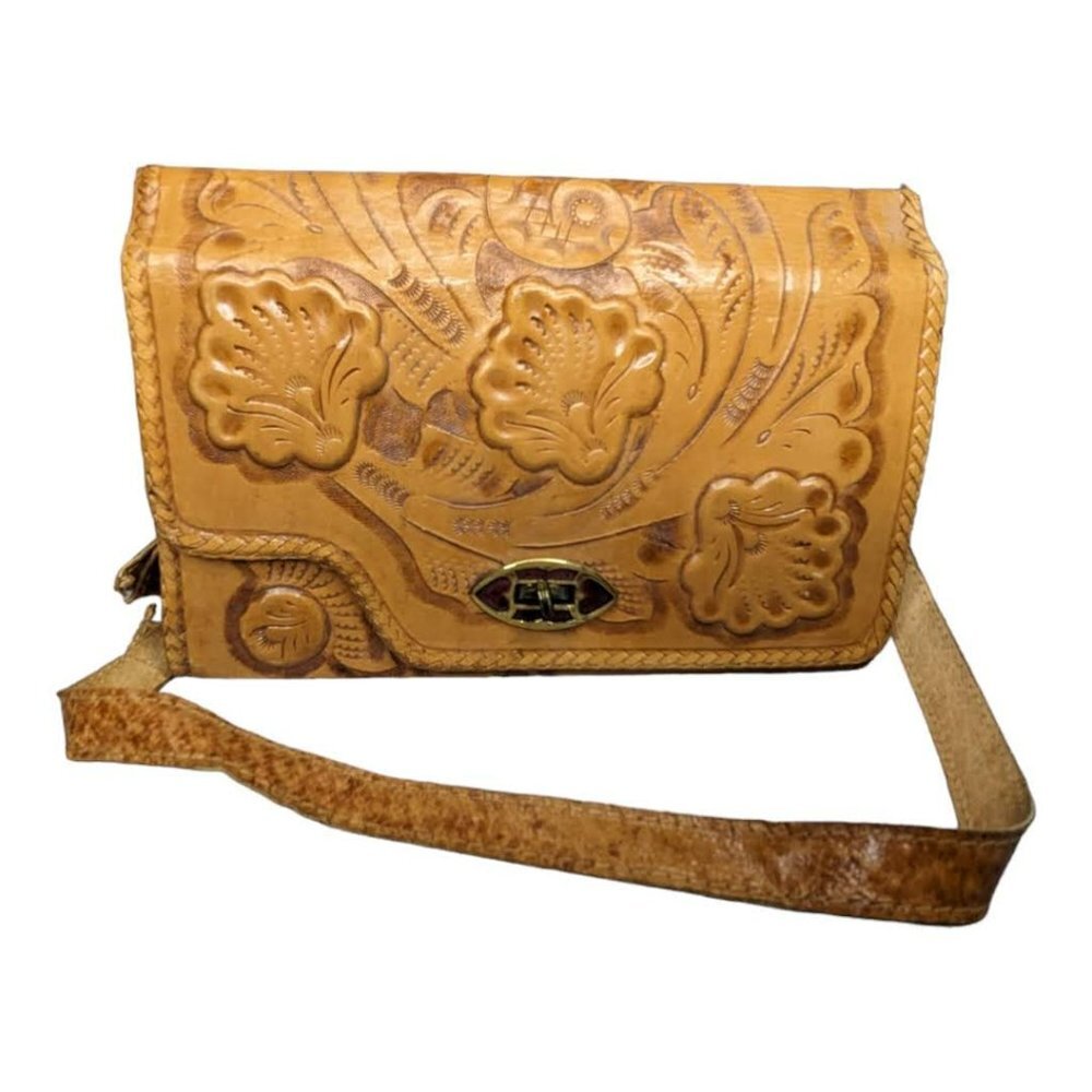 Vintage Hand Tooled Leather Reversible Shoulder Bag